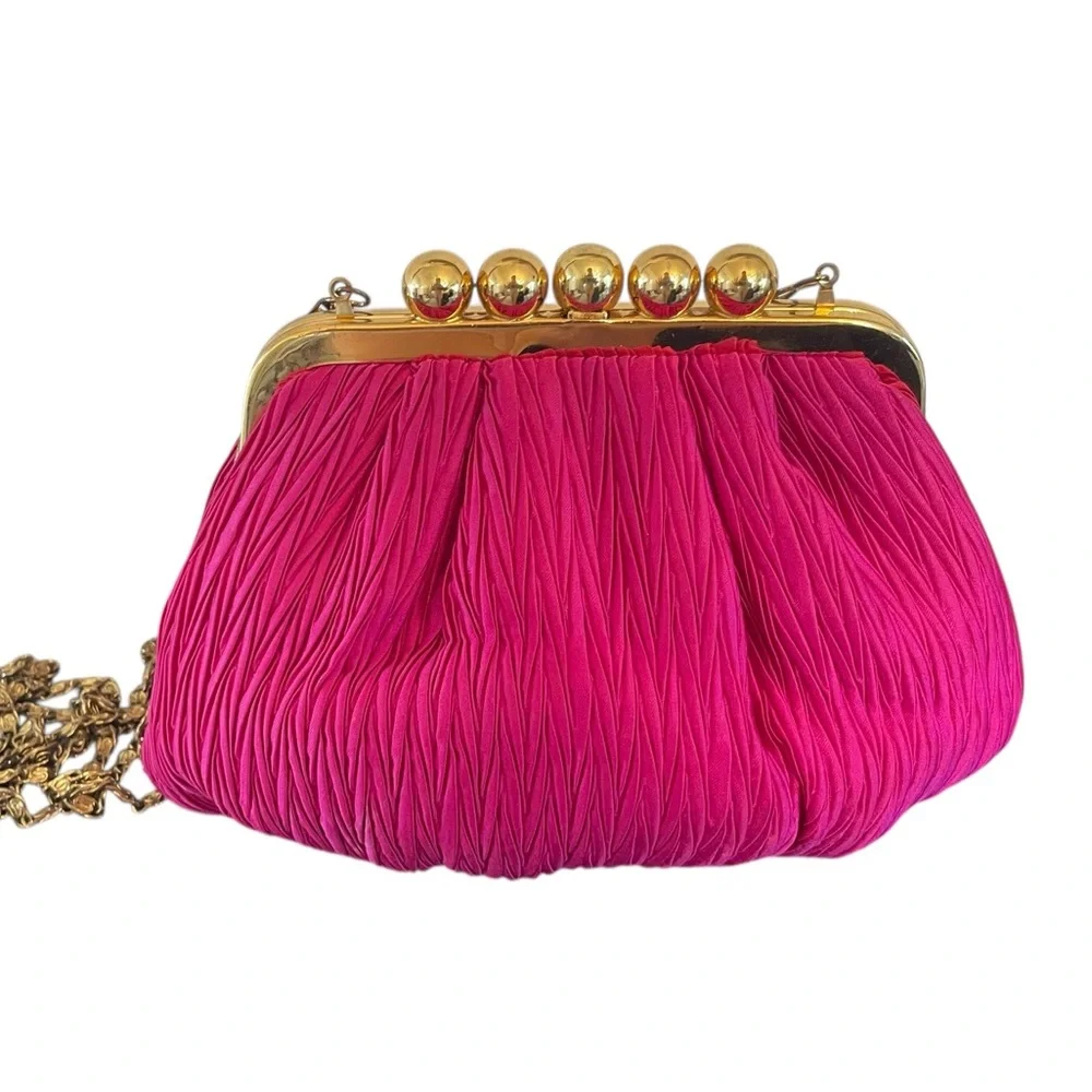 CARLA MARCHI | Pink Vintage Pleated Clutch / Evening Bag w Kisslock & Chain - Picture 6 of 13
